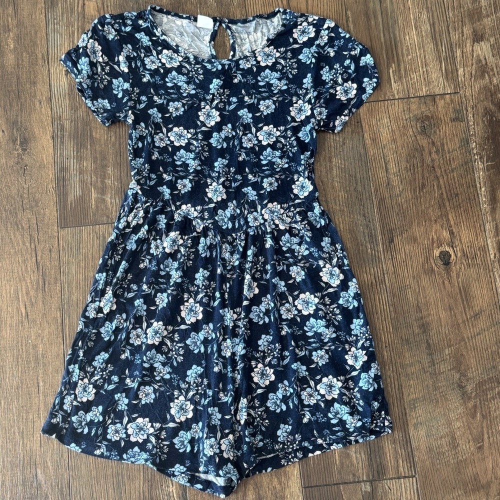 Evsie Girls XL Navy Blue Floral Short Sleeve Elastic Waist Keyhole Back Romper